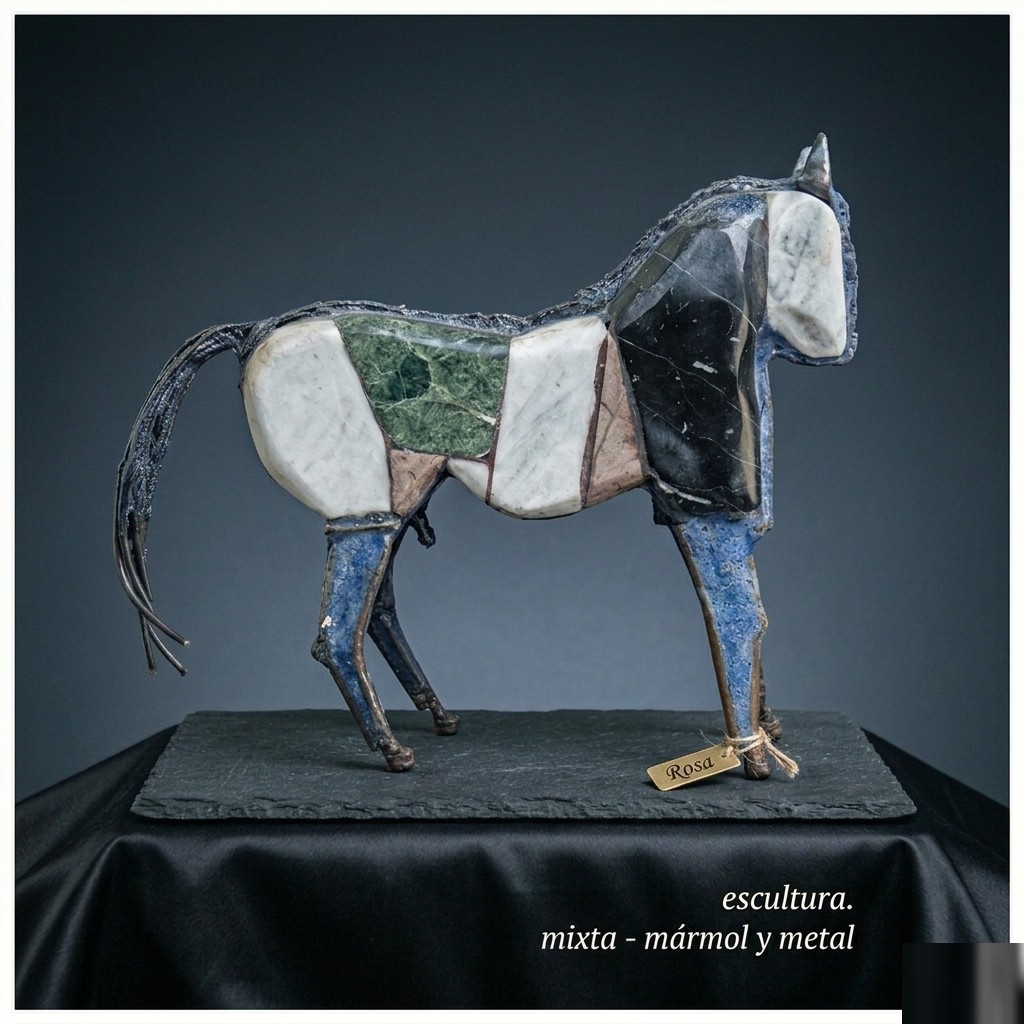 Caballo escultura mixta mármol y metal