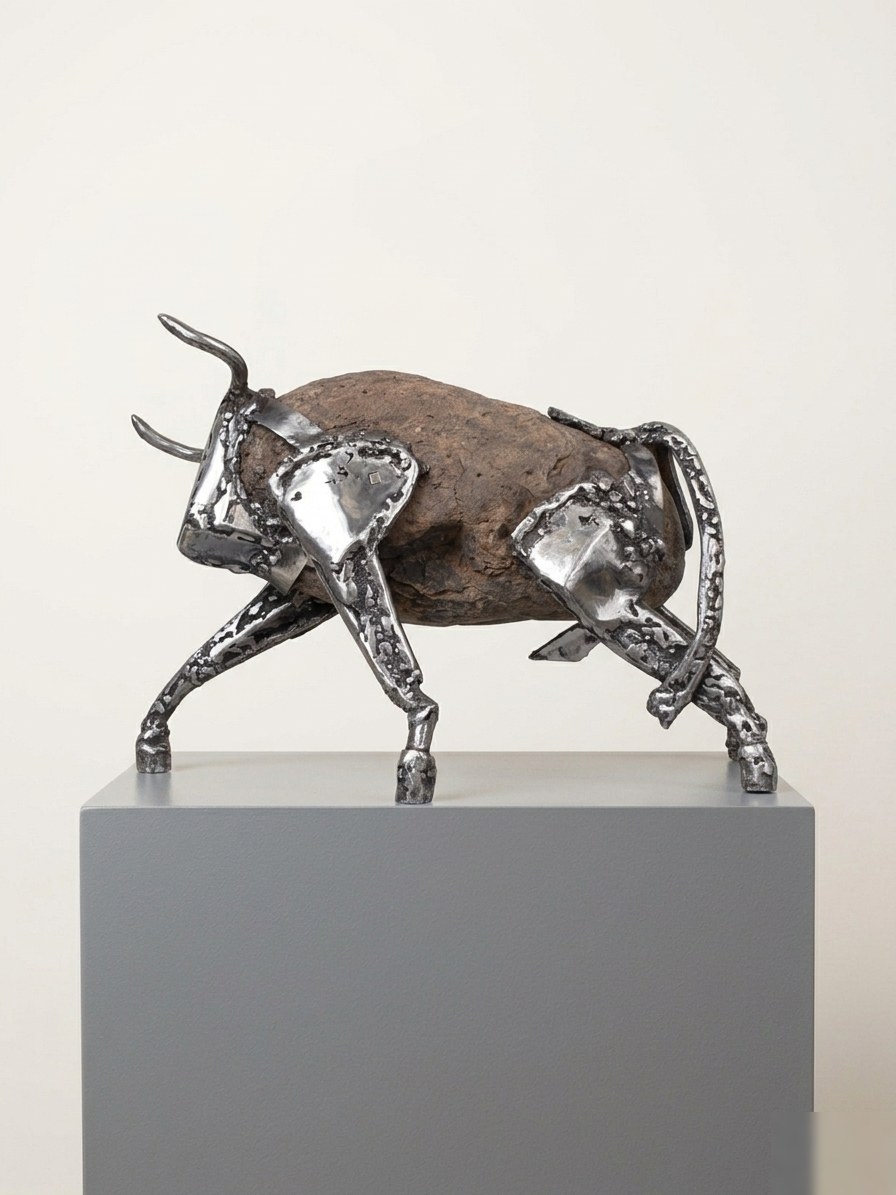 Toro en piedra y metal forjado — estudio Juan Robles